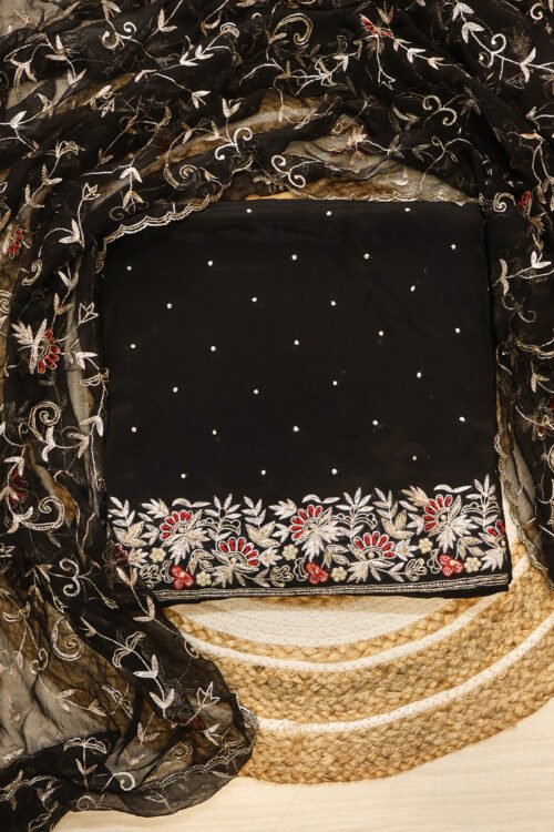 Black Fabric with Golden & Red Floral Embroidery