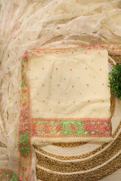 Cream Fabric with Pastel Peach & Green Embroidery