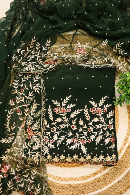 Dark Green Fabric with Golden & Red Embroidery