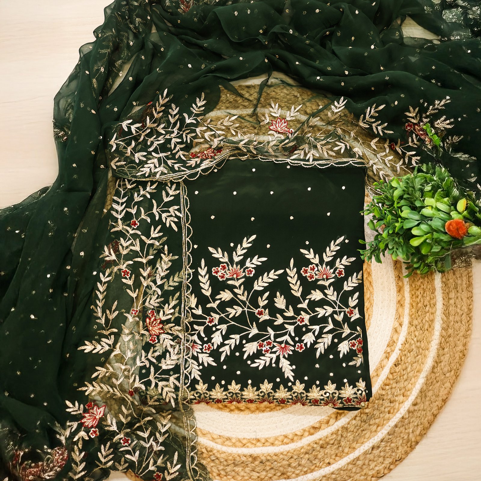 Dark Green Fabric with Golden & Red Embroidery