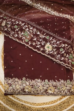Royal Maroon Fabric with Golden & Green Embroidery