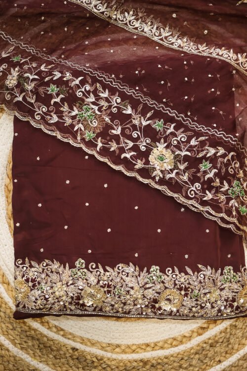 Royal Maroon Fabric with Golden & Green Embroidery