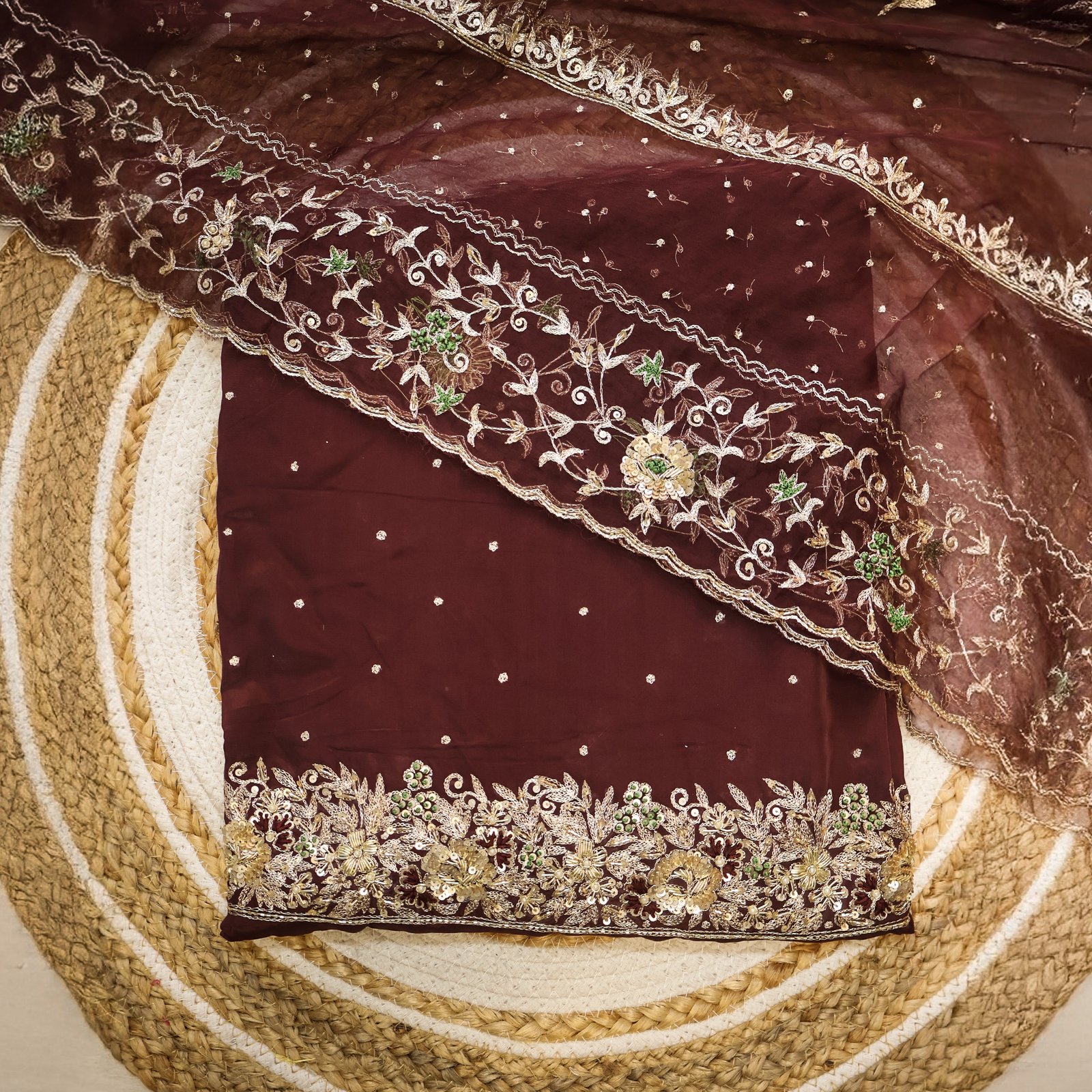 Royal Maroon Fabric with Golden & Green Embroidery