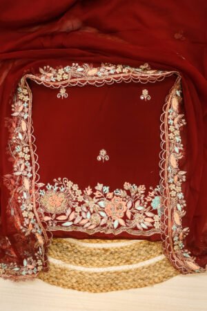 Royal Maroon Fabric with Peach & Mint Embroidery
