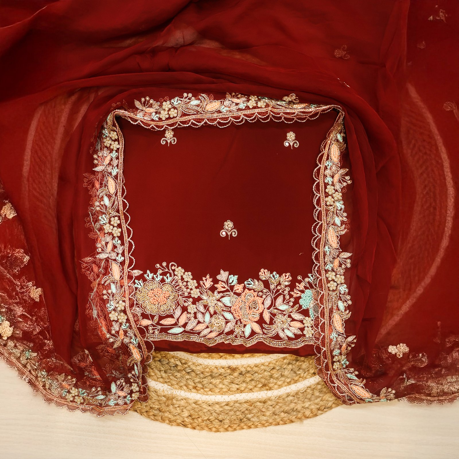 Royal Maroon Fabric with Peach & Mint Embroidery