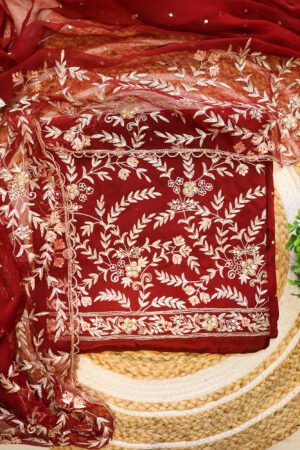 Festive Red Fabric with Golden & Peach Floral Embroidery