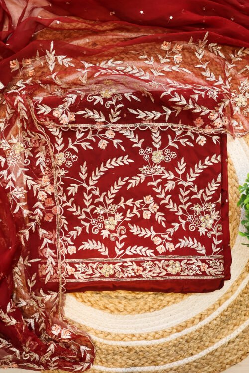 Festive Red Fabric with Golden & Peach Floral Embroidery