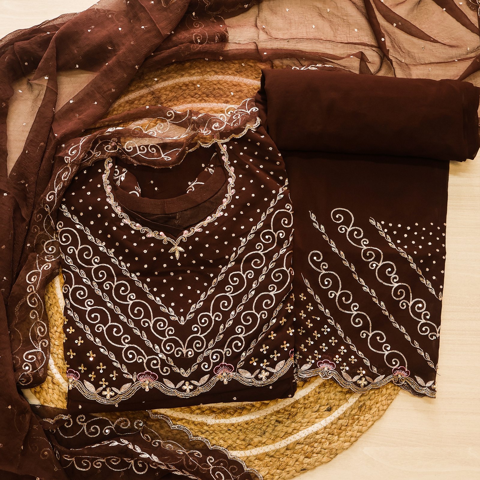 Mocha Elegance Embroidered Suit Set