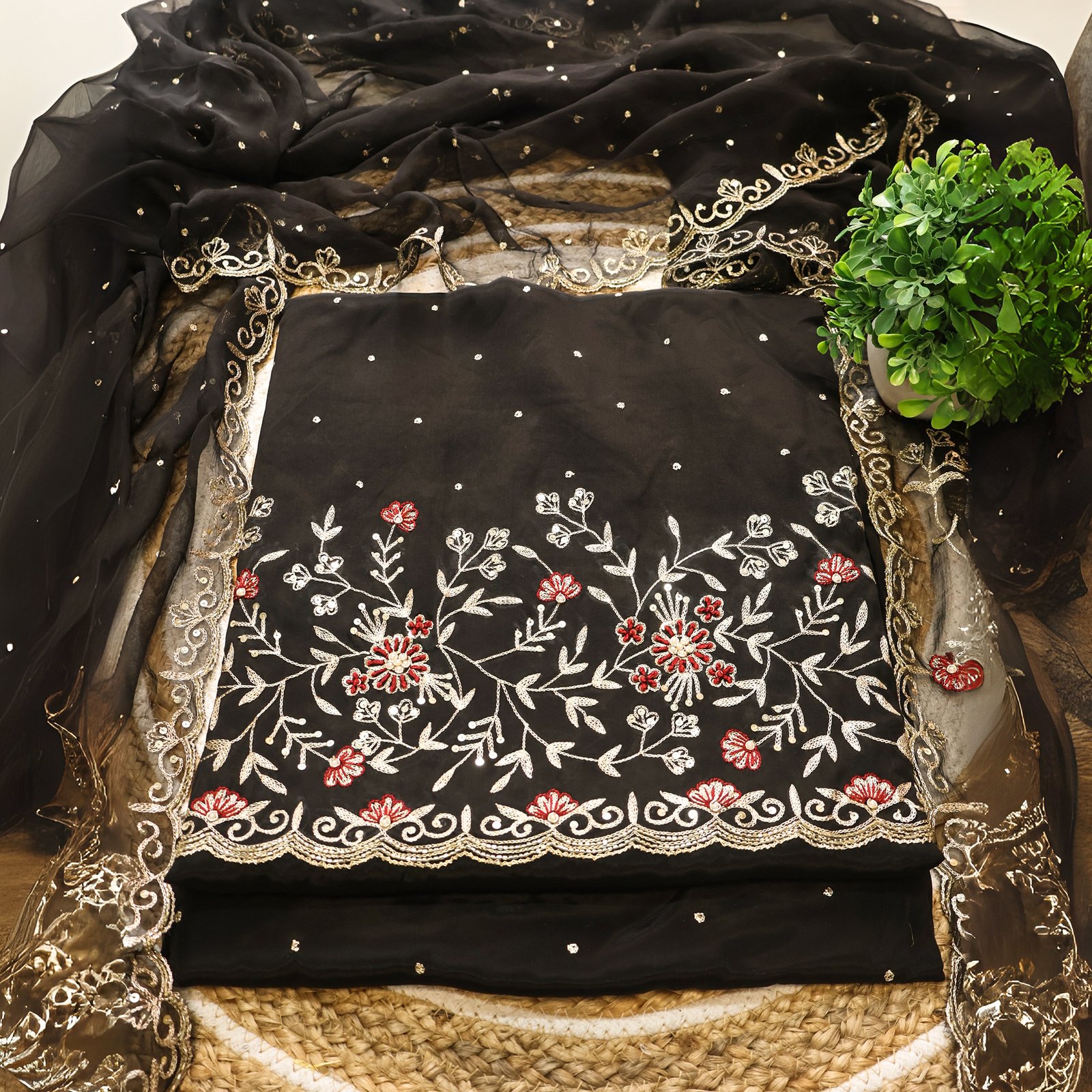 Midnight Bloom Embroidered Suit Set