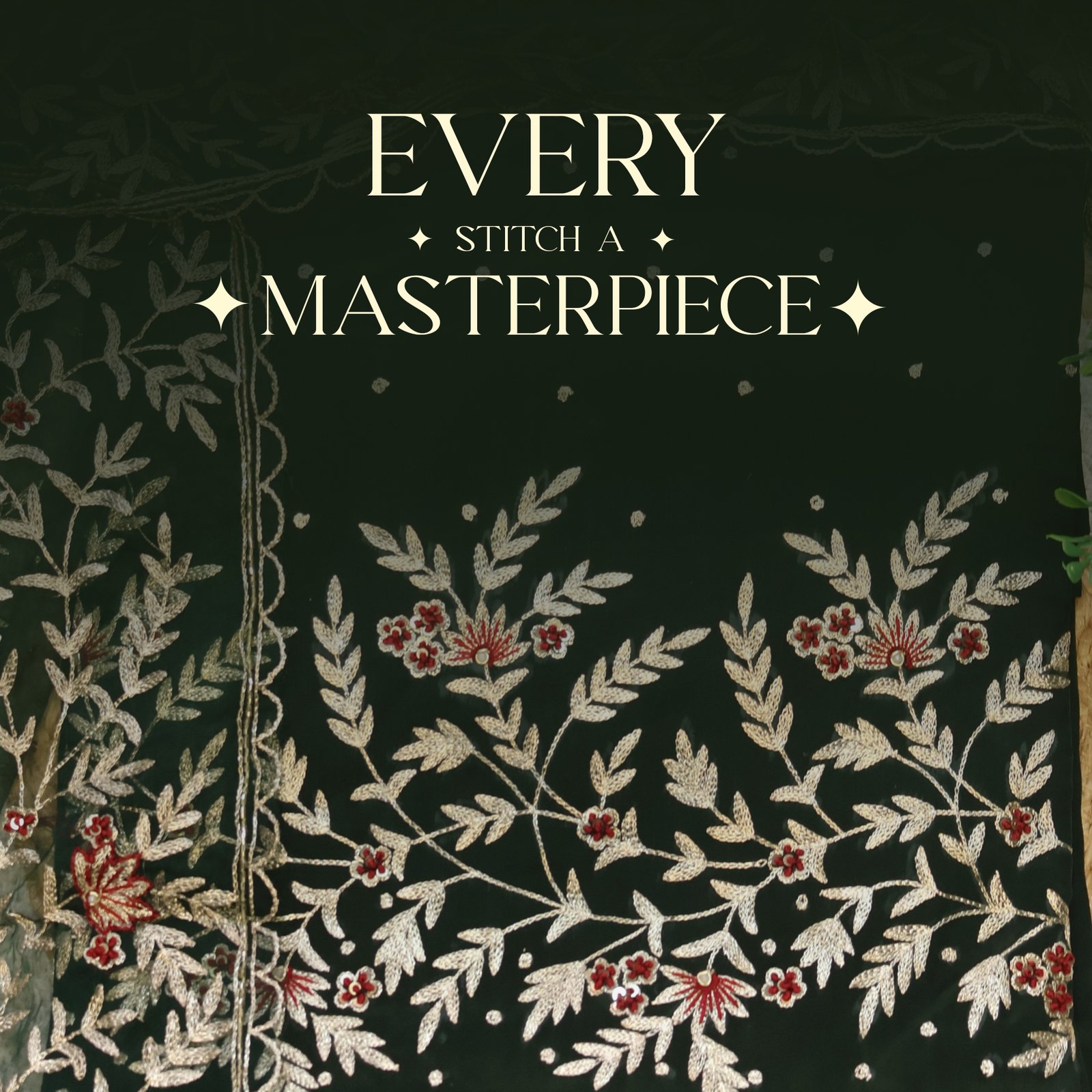 Dark Green Fabric with Golden & Red Embroidery - Image 4