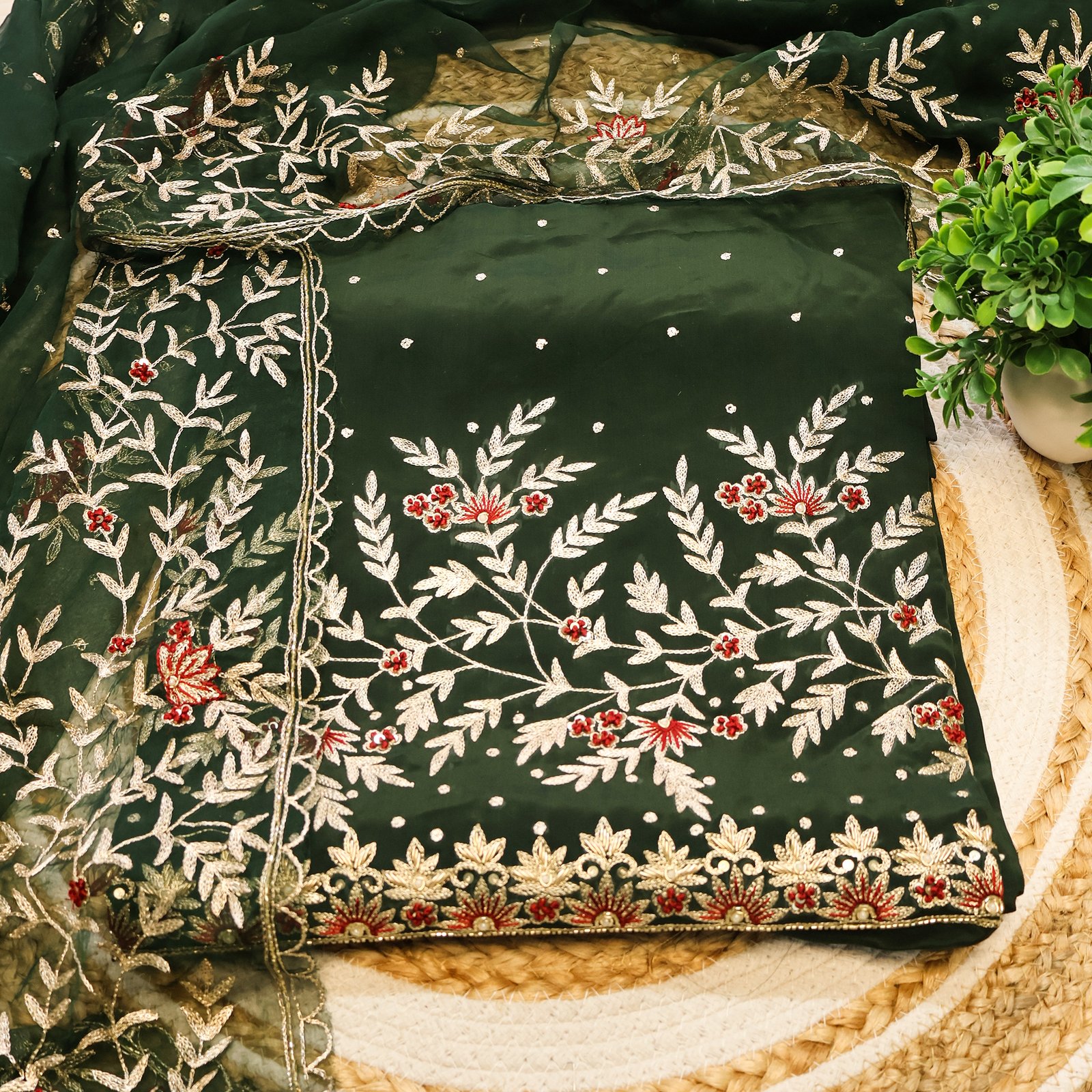 Dark Green Fabric with Golden & Red Embroidery - Image 2