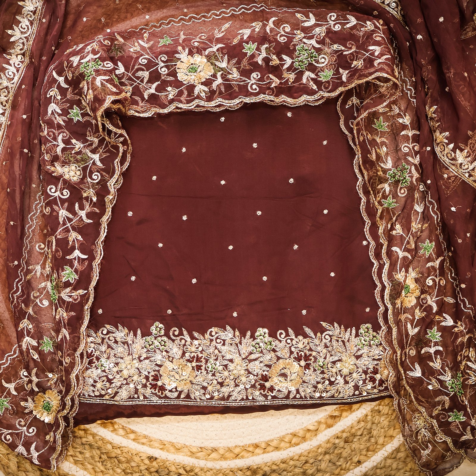 Royal Maroon Fabric with Golden & Green Embroidery - Image 4