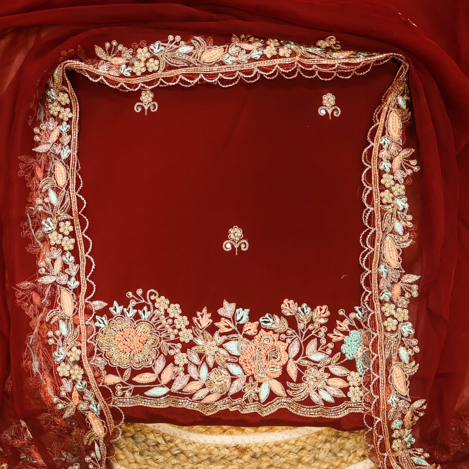 Royal Maroon Fabric with Peach & Mint Embroidery - Image 2