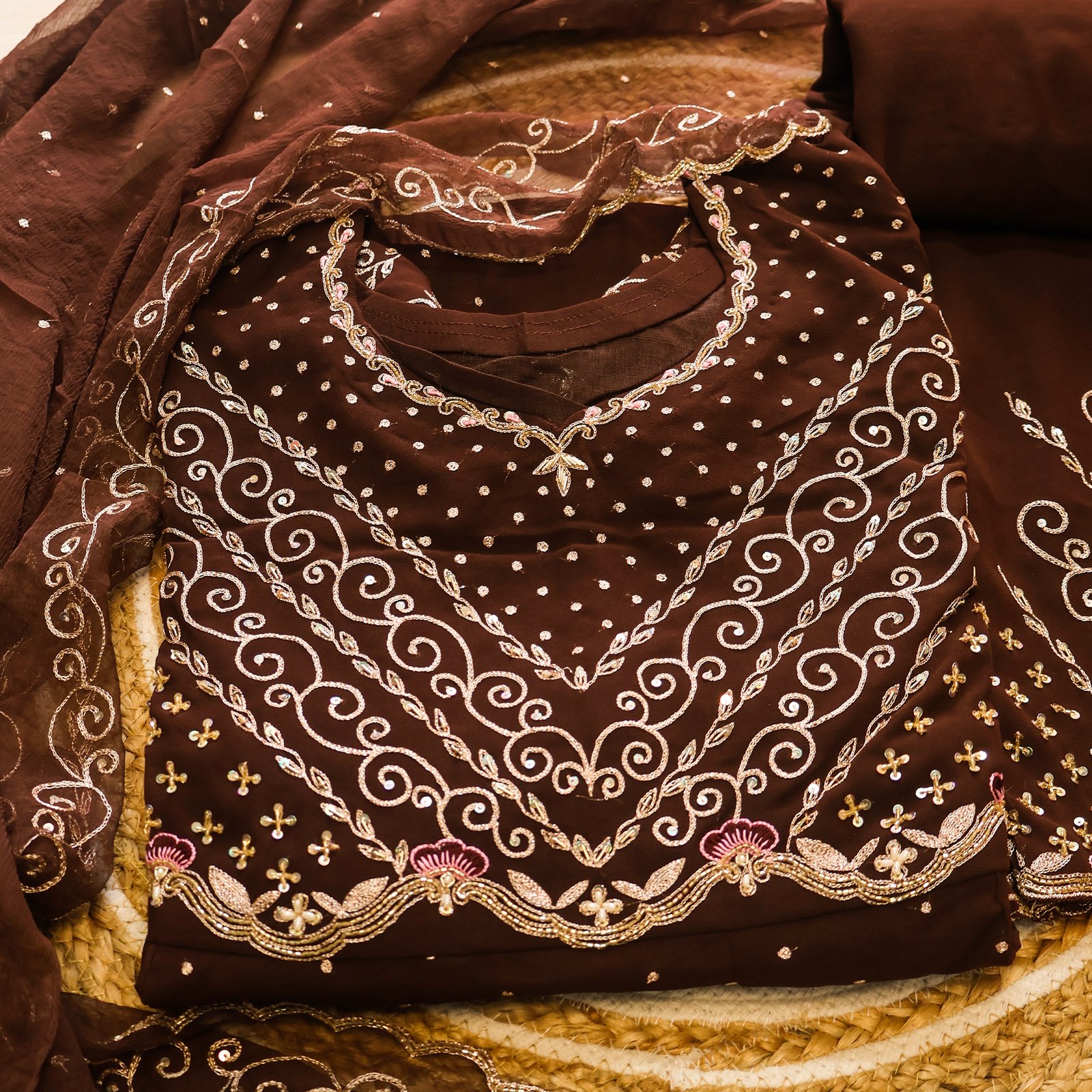 Mocha Elegance Embroidered Suit Set - Image 2
