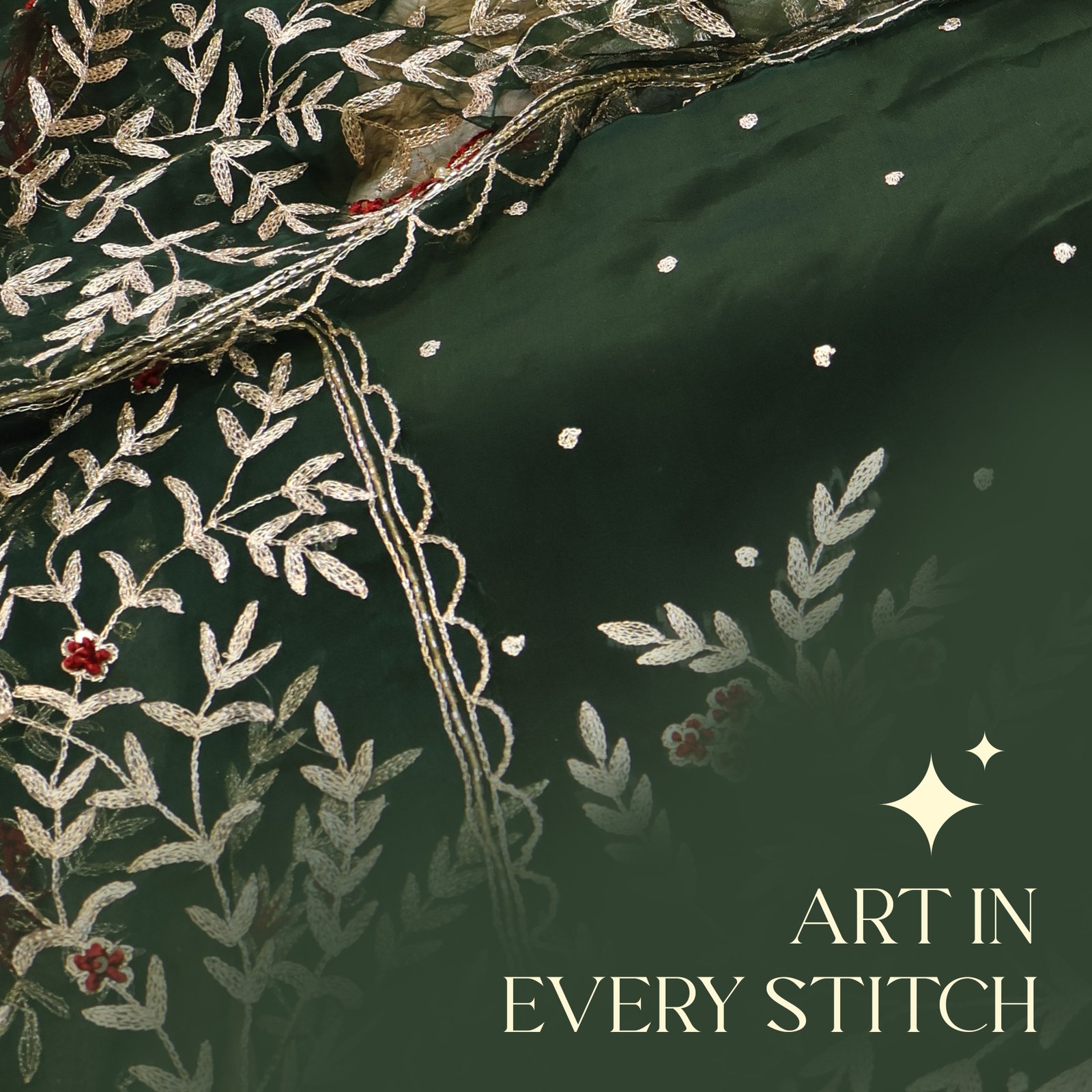 Dark Green Fabric with Golden & Red Embroidery - Image 3